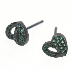 copper Heart earring studs paved zircon, black plated, approx 7-8mm [FDZN5386]