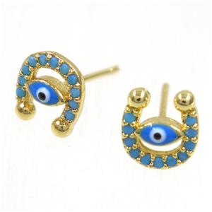 copper evil eye earring studs paved zircon, U-shape, gold plated, approx 8-8.5mm [FDZN5388]