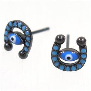 copper evil eye earring studs paved zircon, U-shape, black plated, approx 8-8.5mm [FDZN5389]