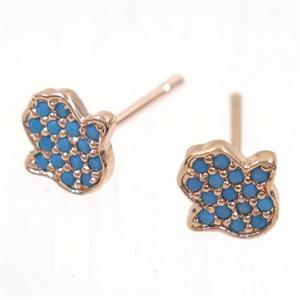 copper hamsahand earring studs paved zircon, rose gold, approx 8.5mm [FDZN5390]