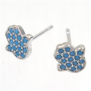 copper hamsahand earring studs paved zircon, platinum plated, approx 8.5mm [FDZN5391]