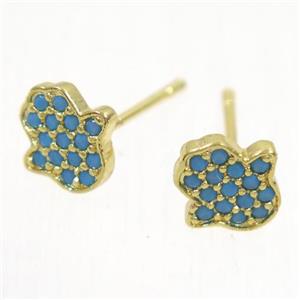 copper hamsahand earring studs paved zircon, gold plated, approx 8.5mm [FDZN5392]