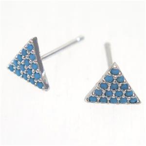copper triangle earring studs paved zircon, platinum plated, approx 8x8mm [FDZN5395]