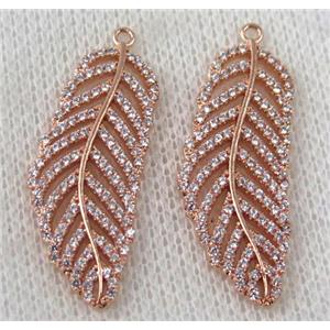 copper pendant paved zircon, leaf, approx 12x34mm [FDZN540]