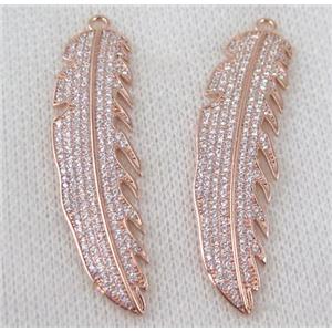 copper pendant paved zircon, leaf, approx 14x50mm [FDZN543]