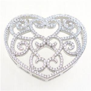 copper heart connector paved zircon, platinum plated, approx 34-37mm [FDZN5434]