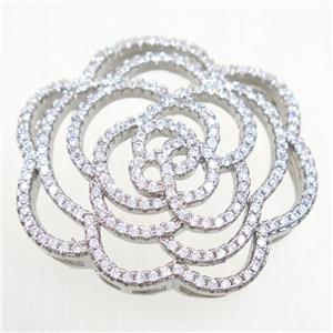 copper flower connector paved zircon, platinum plated, approx 35mm dia [FDZN5448]