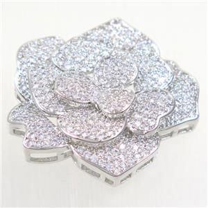 copper RoseFlower connector paved zircon, platinum plated, approx 32-34mm [FDZN5454]