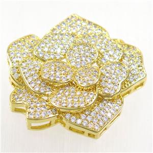 copper RoseFlower connector paved zircon, gold plated, approx 32-34mm [FDZN5455]