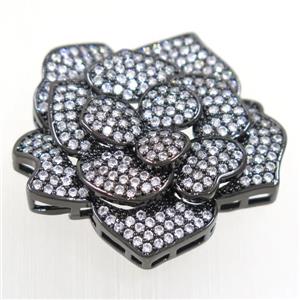 copper RoseFlower connector paved zircon, black plated, approx 32-34mm [FDZN5456]