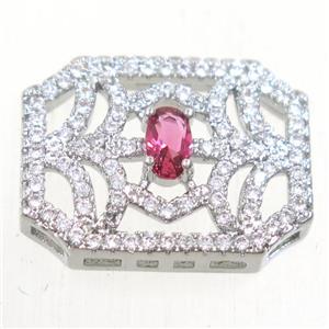 copper rectangle connector paved red zircon, platinum plated, approx 14-18mm [FDZN5457]