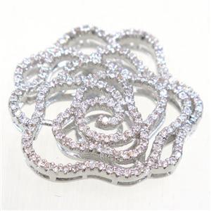 copper flower connector paved zircon, platinum plated, approx 23-25mm [FDZN5462-S]