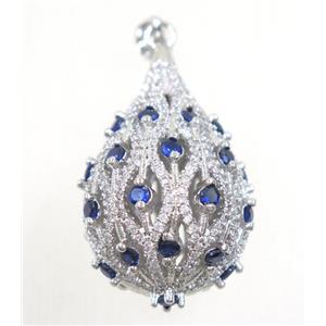copper gourd pendant paved blue zircon, platinum plated, approx 17-30mm [FDZN5467]