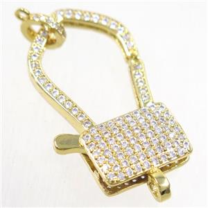 copper lock Clasp paved zircon, gold plated, approx 18-33mm [FDZN5481]