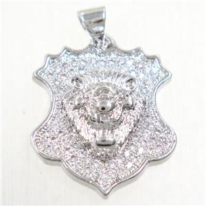 copper leo pendants paved zircon, platinum plated, approx 18-21mm [FDZN5517]