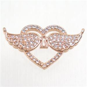 copper pendants paved zircon with 2loops, angel wings, rose gold, approx 17-27mm [FDZN5520]