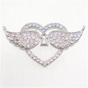 copper pendants paved zircon with 2loops, angel wings, platinum plated, approx 17-27mm [FDZN5521]