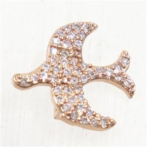 copper birds beads paved zircon, rose gold, approx 15-16mm [FDZN5529]