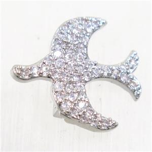 copper birds beads paved zircon, platinum plated, approx 15-16mm [FDZN5530]