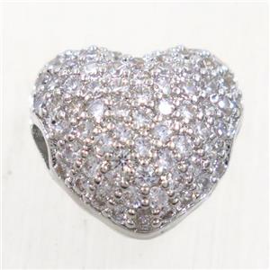 copper heart beads paved zircon, platinum plated, approx 11-12mm [FDZN5534]