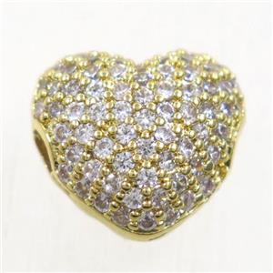 copper heart beads paved zircon, gold plated, approx 11-12mm [FDZN5535]