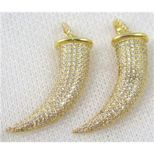 copper horn pendant paved zircon, gold plated, approx 14x34mm [FDZN554]
