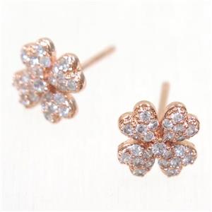 copper clover earring studs paved zircon, rose gold, approx 9mm dia [FDZN5559]