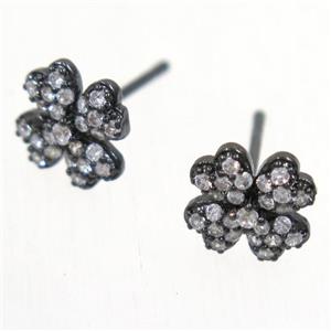 copper clover earring studs paved zircon, black plated, approx 9mm dia [FDZN5562]