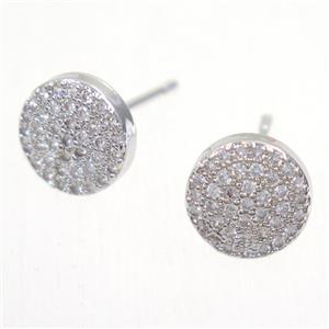 copper circle earring studs paved zircon, platinum plated, approx 9mm dia [FDZN5564]