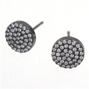 copper circle earring studs paved zircon, black plated, approx 9mm dia [FDZN5566]