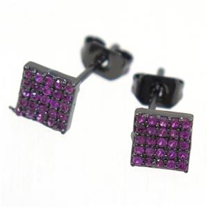 copper square earring studs paved hotpink zircon, black plated, approx 6x6mm [FDZN5568]