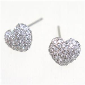 copper heart earring studs paved zircon, platinum plated, approx 7-9mm [FDZN5570]
