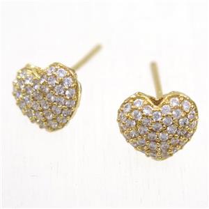 copper heart earring studs paved zircon, gold plated, approx 7-9mm [FDZN5571]