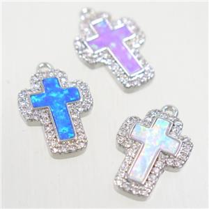 copper cross pendants paved zircon with fire opal, mix color, platinum plated, approx 10-14mm [FDZN5574]