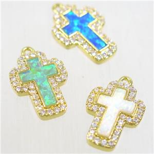 copper cross pendants paved zircon with fire opal, mix color, gold plated, approx 10-14mm [FDZN5575]