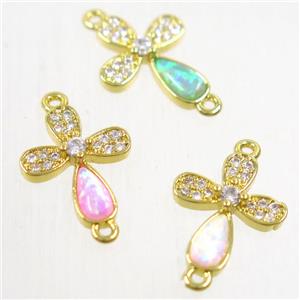 copper cross connector paved zircon with fire opal, mix color, gold plated, approx 10-13mm [FDZN5577]