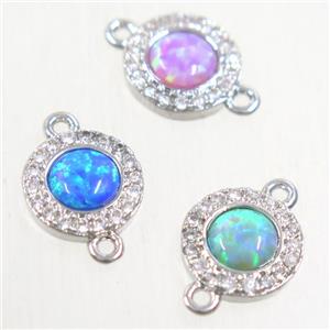 copper circle connector paved zircon with fire opal, mix, platinum plated, approx 8.5mm dia [FDZN5582]