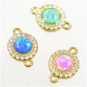 copper circle connector paved zircon with fire opal, mixed, gold plated, approx 8.5mm dia [FDZN5587]