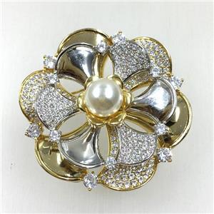 copper flower brooches pave zircon with pearl, revolvable, light gold, approx 50mm dia [FDZN5588]