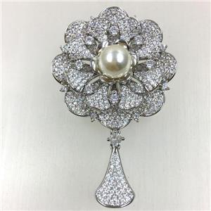 copper flower brooches pave zircon with pearl, revolvable, platinum plated, approx 45mm dia [FDZN5589]