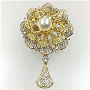 copper flower brooches pave zircon with pearl, revolvable, gold plated, approx 45mm dia [FDZN5590]