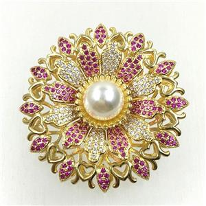 copper flower brooches pave zircon with pearl, revolvable, gold plated, approx 50mm dia [FDZN5591]
