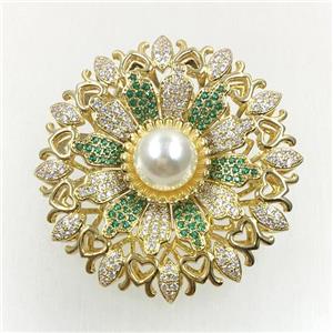 copper flower brooches pave zircon with pearl, revolvable, gold plated, approx 50mm dia [FDZN5592]