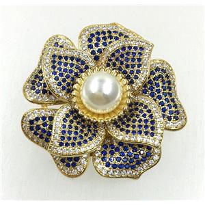copper flower brooches pave zircon with pearl, revolvable, gold plated, approx 45mm dia [FDZN5593]
