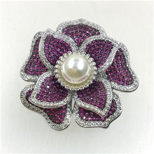 copper flower brooches pave zircon with pearl, revolvable, platinum plated, approx 45mm dia [FDZN5594]