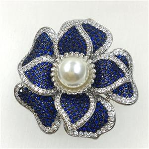 copper flower brooches pave zircon with pearl, revolvable, platinum plated, approx 45mm dia [FDZN5595]
