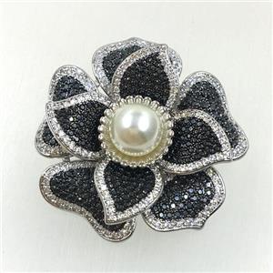 copper flower brooches pave zircon with pearl, revolvable, platinum plated, approx 45mm dia [FDZN5596]