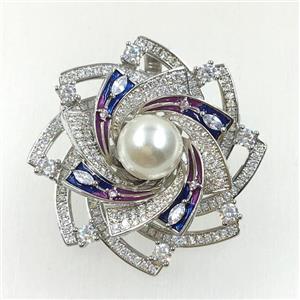 copper flower brooches pave zircon with pearl, revolvable, platinum plated, approx 40mm dia [FDZN5597]