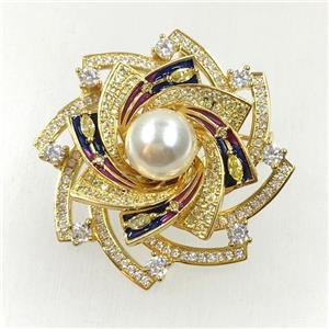 copper flower brooches pave zircon with pearl, revolvable, gold plated, approx 40mm dia [FDZN5598]