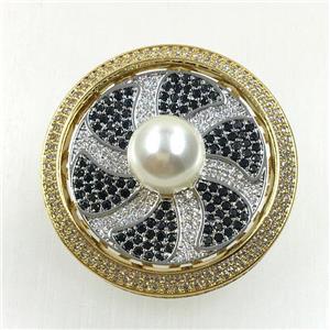 copper flower brooches pave zircon with pearl, revolvable, gold plated, approx 35mm dia [FDZN5599]